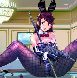  1girl animal_ears ball billiard_ball billiards black_pantyhose bow bowtie breasts brown_hair bunny_day cleavage collarbone commentary_request cue_stick detached_collar earrings fake_animal_ears fishnet_pantyhose fishnet_thighhighs fishnets gloves gun indoors jewelry kamisimo_90 leotard long_hair looking_at_viewer machine_gun medium_breasts open_mouth original pantyhose playboy_bunny pool_table rabbit_ears red_bow red_bowtie revision sitting solo spread_legs submachine_gun table thighhighs thighs tokusatsu uzi weapon wrist_cuffs 
