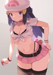 1girl alternate_costume american_school_uniform beanie belt black_belt black_thighhighs blue_hair blush bra bra_peek bracelet breasts choker cleavage closed_mouth commentary_request creatures_(company) crop_top dawn_(pokemon) front-tie_top game_freak hair_ornament hat highres holding holding_poke_ball jewelry long_hair looking_at_viewer microskirt midriff miniskirt navel nintendo panty_straps pink_skirt pleated_skirt poke_ball poke_ball_(basic) pokemon pokemon_dppt red_choker revealing_clothes short_sleeves skirt skirt_tug small_breasts solo spring2013 stomach sweatdrop thighhighs thighs underwear v-shaped_eyebrows white_hat rating:Sensitive score:225 user:danbooru