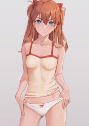 1girl artist_request blue_eyes bow bow_panties gluteal_fold grey_background highres looking_at_viewer neon_genesis_evangelion no_pants panties red_hair simple_background solo souryuu_asuka_langley tank_top underwear rating:Sensitive score:73 user:RiasGremory2000