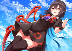  1girl :p asymmetrical_wings black_dress black_hair black_thighhighs blue_sky blue_wings blush bow bowtie buttons center_frills cloud collar cowboy_shot day dress dutch_angle frilled_collar frilled_dress frilled_shirt_collar frills from_below highres holding holding_weapon houjuu_nue looking_at_viewer nue_day pointy_ears polearm pspmaru raised_eyebrows red_bow red_bowtie red_eyes red_wings short_dress short_hair short_sleeves sky smile solo thighhighs tongue tongue_out touhou trident weapon wings wristband zettai_ryouiki 