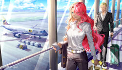  1boy 1girl aircraft airplane alice_summerwood aqua_eyes belt black_footwear blonde_hair blue_sky breasts cellphone cloud commentary_request eyes_visible_through_hair formal fujima_takuya hair_over_one_eye highspeed_etoile long_hair long_sleeves medium_breasts motor_vehicle multicolored_hair official_art phone red_hair richard_parker_(highspeed_etoile) rolling_suitcase shirt sky smartphone suit suitcase truck white_shirt 