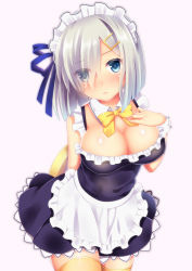 10s 1girl alternate_costume apron bare_shoulders blue_dress blue_eyes blush breasts choker colored_eyelashes dress enmaided eyes_visible_through_hair frills hair_ornament hair_over_one_eye hairclip hamakaze_(kancolle) hand_on_own_chest highres holding holding_tray kantai_collection large_breasts lips looking_at_viewer maid maid_apron maid_headdress off_shoulder short_dress short_hair solo suzumia_(daydream) thighhighs tray yellow_thighhighs zettai_ryouiki rating:Sensitive score:22 user:danbooru