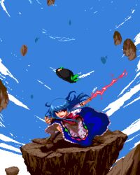  1girl :d black_hat blue_hair blue_skirt blue_sky boots brown_footwear cloud full_body hat hinanawi_tenshi holding holding_sword holding_weapon kenpfar keystone long_hair looking_at_viewer open_mouth outdoors pixel_art red_eyes skirt sky smile solo sword sword_of_hisou touhou weapon 