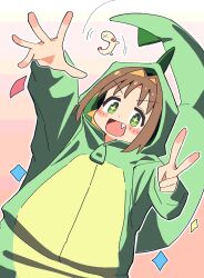  +_+ 1girl :d blush_stickers brown_hair commentary confetti cosplay cowboy_shot dinosaur_costume dinosaur_tail dutch_angle fang green_eyes hair_intakes hand_up highres hood hood_up kigurumi long_sleeves looking_at_viewer medium_hair noyama_takenoko oka_asahi onii-chan_wa_oshimai! open_mouth outstretched_arm outstretched_hand simple_background smile solo tail v v-shaped_eyebrows zipper  rating:General score:4 user:danbooru
