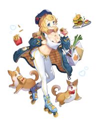  1girl 2others animal_ears animal_hands aqua_eyes aqua_footwear artist_request bag beret black_bra blonde_hair blue_coat blue_hat blue_sleeves blush bone_print bow bra breasts brittany_(final_gear) bun_(food) burger burger_hair_ornament charm_(object) cheese cleavage coat cropped_shirt dog_ears dog_tail eating final_gear floating floating_food floating_object food food-themed_hair_ornament food_on_body food_on_breasts food_on_face food_print french_fries french_fries_print full_body glasses hair_ornament happy hat heart highres holding holding_bag jewelry knot lace lace-trimmed_bra lace_trim large_breasts lettuce looking_at_viewer midriff mouth_hold multicolored_coat multiple_others navel necklace official_art olive open_mouth pants paper_bag plaid plaid_coat pocket pumpkin_ornament red_bow rimless_eyewear round_eyewear semi-rimless_eyewear shiba_inu shirt shopping_bag short_hair simple_background single_bare_shoulder single_vertical_stripe solid_circle_eyes solo spring_onion striped_clothes striped_pants tachi-e tail teeth third-party_source tight_clothes tight_pants tomato_print tongue tongue_out toothpaste transparent_background twisted_hair two-tone_coat two-tone_fur under-rim_eyewear underwear upper_teeth_only vertical-striped_clothes vertical-striped_pants wheel white_shirt zipper zipper_pull_tab 