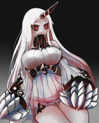  1girl abyssal_ship bare_legs bare_shoulders black_background black_horns breasts claws colored_skin commentary_request covered_erect_nipples covered_mouth cowboy_shot detached_sleeves dress gradient_background highres horns kantai_collection koukoku large_breasts long_hair oversized_forearms oversized_limbs pale_skin red_eyes ribbed_dress ribbed_sweater seaport_princess short_dress single_horn sitting sleeveless sleeveless_dress sleeveless_sweater solo striped_horns sweater sweater_dress very_long_hair white_dress white_hair white_skin 