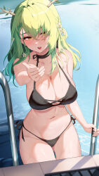 1girl antlers bikini black_bikini black_choker blush breasts ceres_fauna choker cleavage collarbone flower green_hair hair_flower hair_ornament highres hololive hololive_english horns large_breasts leaf lessone mole mole_under_eye navel open_mouth pool pool_ladder solo stomach swimsuit virtual_youtuber water wet yellow_eyes rating:Sensitive score:60 user:danbooru