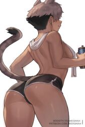  1girl animal_ears ass black_hair black_shorts boosty_username bottle breasts can cat_ears cat_girl cat_tail commentary cowboy_shot dark-skinned_female dark_skin dolphin_shorts drink_can earrings english_commentary grey_hair hair_over_one_eye highres holding holding_can jewelry kara_(vertigris) median_furrow medium_breasts multicolored_hair one_eye_covered original parted_lips patreon_username profile short_hair short_shorts shorts shoulder_blades sideways_mouth simple_background smile solo standing stud_earrings tail tail_raised teeth topless towel towel_around_neck two-tone_hair watermark web_address wersman white_background white_towel 