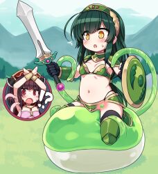 2girls armor bikini_armor blush breasts brown_hair day field forest gloves grass green_armor green_hair holding holding_shield holding_sword holding_weapon imminent_penetration long_hair mountainous_horizon multiple_girls nature navel null_(nyanpyoun) open_mouth outdoors red_eyes restrained riding shield slime_(creature) small_breasts straddling surprised sword tentacles touhoku_kiritan touhoku_zunko underwear v-shaped_eyebrows voiceroid weapon wide-eyed x_arms yellow_eyes rating:Explicit score:108 user:danbooru
