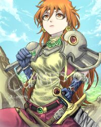  1girl armor commission earrings english_text fantasy gem gloves jewelry limn044 lina_inverse orange_eyes orange_hair signature slayers sword text_focus weapon  rating:General score:1 user:Toast_Skull01Z