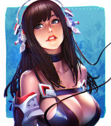  1girl bare_shoulders bikini breasts brown_eyes brown_hair cable choker cleavage female_focus gradient_background headphones headset large_breasts long_hair neoartcore parted_lips solo swimsuit upper_body  rating:Questionable score:64 user:danbooru