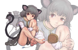 1girl animal_ears bare_legs barefoot basket capelet feet female_focus grey_hair head_rest highres jewelry knees kuro_suto_sukii legs looking_at_viewer mouse_(animal) mouse_ears mouse_tail nazrin necklace pendant red_eyes sitting soles solo tail toes touhou zoom_layer rating:Sensitive score:13 user:danbooru