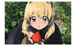  1girl :o aikatsu! aikatsu!_(series) black_coat blush border bush buttons coat day flower food fruit hair_over_shoulder hairband highres holding holding_food holding_fruit hoshimiya_ichigo long_sleeves looking_at_food name_connection object_namesake osouzai-kun outdoors red_eyes red_hairband solo strawberry upper_body white_border white_flower 