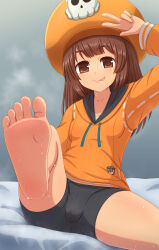  1girl :p barefoot bike_shorts brown_eyes brown_hair feet guilty_gear hat highres long_hair looking_at_viewer may_(guilty_gear) smile soles steam sweat toes tongue tongue_out unikurage v 
