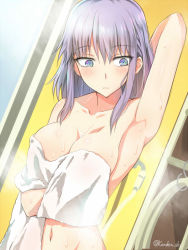 10s 1girl areola_slip armpits blush breasts cleavage covering_privates dagashi_kashi female_focus grey_eyes kanden_sky large_breasts naked_towel navel nude_cover ringed_eyes shidare_hotaru silver_hair solo towel wet rating:Questionable score:94 user:danbooru