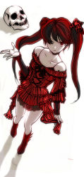 1girl bad_id bad_pixiv_id bare_shoulders boots choker dress flat_chest from_above goth_fashion gothic_lolita hair_over_one_eye hair_ribbon lolita_fashion long_hair long_sleeves original pale_skin red_eyes red_hair red_skirt red_theme ribbon ringed_eyes shadow sheep_(yangdor) skirt skull spaghetti_strap twintails