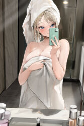  1girl absurdres bare_shoulders bathroom blonde_hair blue_eyes blush breasts ceiling_light cellphone cleavage closed_mouth commentary contrapposto counter english_commentary female_pov hand_on_own_chest highres holding holding_phone holding_towel indoors large_breasts lillly looking_at_phone mirror naked_towel original phone pov reflection reflection_focus see-through_silhouette selfie sink smartphone smile solo standing swept_bangs towel towel_on_head 