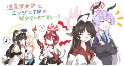  5girls :3 ? ahoge animal_ears black_hair blonde_hair blue_archive breasts cleavage closed_eyes crossed_arms dog_ears dog_girl dog_tail floating_hair glasses goggles goggles_on_head hair_bobbles hair_ornament halo hariyaa hibiki_(blue_archive) highres horns kasumi_(blue_archive) kotori_(blue_archive) long_hair long_sleeves megu_(blue_archive) multiple_girls musical_note open_mouth ponytail purple_hair red_eyes red_hair red_shirt shirt simple_background spoken_musical_note spoken_question_mark tail translation_request utaha_(blue_archive) white_background 