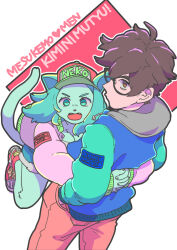  1boy 1girl animal_ears baseball_cap blue_jacket brown_eyes brown_hair cat_ears cat_girl cat_tail closed_mouth commentary_request cowboy_shot fangs furry furry_female glasses green_eyes green_fur green_hair hands_in_pockets hat hood hood_down hooded_jacket hug jacket long_hair long_sleeves looking_at_viewer looking_back open_mouth original pants pink_jacket red_background red_footwear red_hat red_pants shoes short_hair sneakers tail teko_(tawake) white_background 