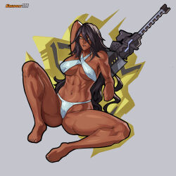  1girl a2_(nier:automata) absurdres alternate_color alternate_skin_color android asymmetrical_legwear bikini black_hair breasts commentary dark-skinned_female dark_skin english_commentary equinox_6 foreshortening full_body gloves highres joints katana large_breasts long_hair medium_breasts mismatched_legwear nier:automata nier_(series) player_2 robot_joints sitting solo swimsuit sword toes very_dark_skin weapon white_background white_bikini yellow_eyes 