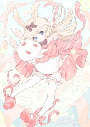  1girl animal_ears ankle_ribbon black_bow blonde_hair blue_eyes bow bowtie commission dress flower full_body hair_bow hair_flower hair_ornament highres holding holding_stuffed_toy kinutani_yutaka leg_ribbon long_hair looking_at_viewer original pink_dress pink_ribbon rabbit_ears ribbon skeb_commission solo strappy_heels stuffed_animal stuffed_rabbit stuffed_toy thighhighs waist_ribbon white_thighhighs 