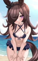  1girl animal_ears beach bikini black_bikini black_hairband blue_sky blush breasts brown_hair cleavage cloud collarbone commentary_request day frilled_bikini frills hair_over_one_eye hairband highres horse_ears horse_girl horse_tail kibihimi long_hair looking_at_viewer navel ocean open_mouth outdoors purple_eyes rice_shower_(umamusume) sky small_breasts solo swimsuit tail umamusume 