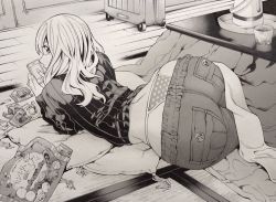 1girl ass bad_id bad_twitter_id cellphone denim greyscale huge_ass jeans kotatsu long_hair looking_at_viewer looking_back lying monochrome nakajima_ryou nakarima_ryou narrow_waist panties pants phone pillow polka_dot polka_dot_panties smartphone snack solo suitcase table thong traditional_media underwear wedgie whale_tail_(clothing) wide_hips rating:Questionable score:143 user:danbooru