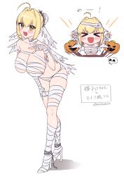  1girl absurdres ahoge bandages bat_(animal) blonde_hair blush braid breasts chibi cleavage closed_eyes commentary_request fangs fate/extra fate/grand_order fate_(series) french_braid full_body green_eyes hair_bun hair_intakes high_heels highres jack-o&#039;-lantern large_breasts long_hair looking_at_viewer multiple_views naked_bandage nero_claudius_(fate) nero_claudius_(fate)_(all) nero_claudius_(fate/extra) pumpkin single_hair_bun skull smile translation_request veil yayoi_maka 
