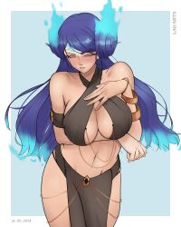  1girl absurdres blue_fire blush breasts brighid_(xenoblade) closed_eyes curvy fiery_hair fire highres lao_arts large_breasts long_hair looking_at_viewer meme meme_attire navel revealing_clothes xenoblade_chronicles_(series) xenoblade_chronicles_2  rating:Questionable score:5 user:danbooru