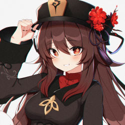  1girl arm_up black_headwear black_nails black_shirt breasts brown_hair chinese_clothes close-up collared_shirt flower genshin_impact grin hat hat_flower hu_tao jewelry long_hair long_sleeves looking_at_viewer medium_breasts nail_polish plum_blossoms red_eyes ring shirt simple_background smile solo star-shaped_pupils star_(symbol) symbol-shaped_pupils tassel twintails undershirt upper_body w.k white_background 