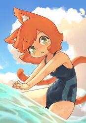  1girl :o absurdres animal_ear_fluff animal_ears bare_arms blush cat_ears cat_girl cat_tail chestnut_mouth cloud cloudy_sky covered_navel cowboy_shot day female_focus green_eyes highres kanbaki kanbaki&#039;s_orange-haired_catgirl leaning_forward legs_apart loli long_tail looking_at_viewer medium_hair nose_blush open_mouth orange_hair original outdoors outstretched_arms partially_submerged raised_eyebrows school_swimsuit sky solo swept_bangs swimsuit tail water wet  rating:Sensitive score:68 user:Sir_Cumalot