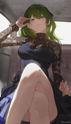  1girl breasts carriage chilakkk commentary crossed_legs dress floral_print frills green_hair grin hair_ribbon highres long_hair looking_at_viewer medium_breasts purple_eyes ribbon see-through sitting smile solo sousou_no_frieren turtleneck twitter_username ubel_(sousou_no_frieren) 