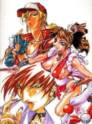 1990s_(style) baseball_cap breasts copic fingernails game hat large_breasts lowres neo_geo oobari_masami ponytail red_hair shiranui_mai snk terry_bogard the_king_of_fighters yagami_iori rating:Sensitive score:7 user:Hellstinger