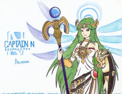green_eyes green_hair highres jewelry kid_icarus long_hair nintendo off_shoulder official_art palutena pencil shield thighhighs tiara very_long_hair rating:Questionable score:0 user:nevar