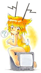  1girl ? analoguma ass barefoot blonde_hair blush feet from_behind japan_commercial_broadcasters_association looking_back one-piece_swimsuit oyatsu_(mk2) personification short_hair simple_background sitting soles solo swimsuit tail toes white_background yellow_eyes yellow_one-piece_swimsuit 