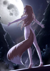  1girl animal_ears ass barefoot blush brown_hair completely_nude fang feet from_behind full_body full_moon highres holo long_hair looking_at_viewer looking_back moon night night_sky nude nyaxxy open_mouth outdoors outstretched_arms profile red_eyes signature sky solo spice_and_wolf spread_arms standing star_(sky) starry_sky tail tree wolf_ears wolf_girl wolf_tail  rating:Questionable score:25 user:danbooru