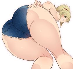  1girl ass ass_grab blonde_hair blush fate/grand_order fate_(series) from_below green_eyes grin hand_on_own_hip hip_focus huge_ass mordred_(fate) mordred_(fate/apocrypha) ponytail sekiyu_(spartan) short_shorts shorts simple_background smile teeth thick_thighs thighs white_background wide_hips  rating:Questionable score:85 user:mrdie01