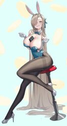  :d absurdly_long_hair absurdres animal_ear_hairband animal_ears asuna_(blue_archive) asuna_(bunny)_(blue_archive) bar_stool between_breasts black_pantyhose blonde_hair blue_archive blue_background blue_bow blue_bowtie blue_eyes blue_leotard blue_ribbon bow bowtie breasts breasts_squeezed_together cleavage detached_collar elbow_gloves fake_animal_ears foot_up full_body gloves grey_footwear hair_over_one_eye hair_ribbon hairband high_heels highres large_breasts leotard long_hair looking_at_viewer maao_you_you mole mole_on_breast open_mouth pantyhose rabbit_ear_hairband rabbit_ears ribbon sitting smile stiletto_heels stool teeth very_long_hair white_gloves 