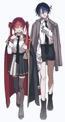 2girls ;) androgynous black_footwear black_necktie black_shorts black_skirt blue_eyes blue_hair blue_nails boots cleavage_cutout clothing_cutout coat coat_on_shoulders collared_shirt grey_jacket heterochromia highres hiodoshi_ao hololive hololive_dev_is houshou_marine jacket jacket_on_shoulders multiple_girls necktie one_eye_closed parted_lips planetzer_0 red_eyes red_hair shirt shirt_tucked_in short_hair shorts simple_background skirt smile thighhighs twintails virtual_youtuber white_background white_shirt yellow_eyes 