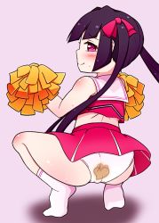  1girl artist_request ass black_hair blush cameltoe cheerleader fart fart_loli female_focus from_behind full_body hands_up heart highres loli long_hair looking_at_viewer looking_back miniskirt no_shoes panties pink_background pink_eyes pink_shirt pink_skirt pom_pom_(cheerleading) profile sailor_collar school_uniform serafuku shirt simple_background skirt smile socks solo spread_legs squatting stain sweat sweatdrop tagme tiptoes underwear white_sailor_collar white_socks  rating:Questionable score:40 user:Clouthio