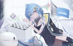  1girl absurdres aliez blue_hair chess_piece chessboard heterochromia highres indie_virtual_youtuber light_blue_hair looking_at_viewer lying sayu_sincronisity  rating:General score:1 user:scpcontainmentbreach