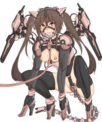  1girl animal_ears ball_gag ballet_boots ballet_heels bdsm black_thighhighs breast_cutout breastless_clothes breasts breasts_apart brown_hair fake_animal_ears full_body gag gatling_raid long_hair mechanical_wings nipple_piercing nipple_rings nipples piercing pink_hair revealing_clothes saliva saliva_trail simple_background skindentation solo squatting thighhighs white_background wings  rating:Explicit score:58 user:danbooru
