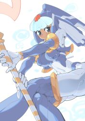  1girl andorlier android armor blue_armor blue_eyes blue_footwear blush boots breasts colored_skin crop_top fairy_leviathan_(mega_man) forehead_jewel helmet high_heel_boots high_heels highres holding holding_polearm holding_weapon joints large_breasts looking_at_viewer mechanical_parts mega_man_(series) mega_man_zero_(series) navel polearm robot_girl robot_joints simple_background solo spear thigh_boots weapon white_background white_skin 