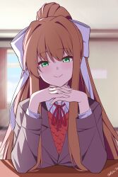  1girl absurdres blazer blush bow brown_hair closed_mouth collared_shirt commentary commission doki_doki_literature_club english_commentary fingernails green_eyes grey_jacket hair_bow highres indoors jacket jewelry long_hair long_sleeves looking_at_viewer monika_(doki_doki_literature_club) neck_ribbon ponytail red_ribbon reia_76 ribbon ring school_uniform shirt smile solo twitter_username upper_body white_bow white_shirt 