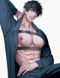  1boy abs arm_behind_head black_hair blue_pants blue_shirt chest_harness commentary english_commentary fushiguro_touji green_eyes grin harness highres jujutsu_kaisen large_pectorals long_sleeves looking_at_viewer male_focus mature_male muscular muscular_male navel nipples open_clothes open_shirt pants pectorals scar scar_on_face scar_on_mouth shirt short_hair sitting smile solo teeth zhhy3324  rating:Sensitive score:5 user:danbooru