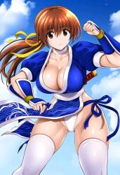  1girl artist_request blue_sky breasts brown_eyes brown_hair choker cleavage clenched_hand cloud cloudy_sky collarbone curvy day dead_or_alive dead_or_alive_3 highleg highleg_panties japanese_clothes kasumi_(doa) large_breasts long_hair looking_at_viewer low_ponytail ninja outdoors panties parted_lips pelvic_curtain ponytail puffy_short_sleeves puffy_sleeves revealing_clothes ribbon short_sleeves sky solo thighhighs thighs thong underwear weapon white_panties white_thighhighs wide_hips yellow_ribbon 