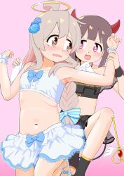  2girls :d absurdres angel angel_and_devil angel_wings armpits bandeau bare_arms bare_shoulders blue_bow blunt_bangs blunt_ends blush bow bow_skirt braid brown_eyes brown_hair commentary demon_costume flower grabbing grabbing_another&#039;s_wing grabbing_from_behind grey_hair hair_bow hair_flower hair_ornament halo happyundergate highres holding_another&#039;s_wrist horns hozuki_momiji long_hair looking_at_another looking_back multicolored_hair multiple_girls navel official_alternate_costume official_alternate_hairstyle onii-chan_wa_oshimai! open_mouth oyama_mahiro pink_background pink_eyes pink_hair red_horns short_hair simple_background single_braid skirt smile stomach striped_bow tail toeless_footwear two-tone_hair very_long_hair wand wavy_mouth white_bandeau white_skirt wings wrist_cuffs 