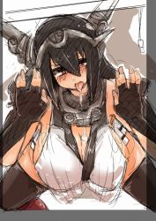 10s 1girl all_fours bare_shoulders black_hair black_thighhighs bouncing_breasts breasts cleavage elbow_gloves female_focus fingerless_gloves gloves hair_ornament huge_breasts kantai_collection long_hair nagato_(kancolle) red_eyes saliva shiro_gisu sideboob sketch solo thighhighs tongue rating:Questionable score:17 user:Xander