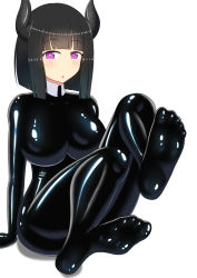  1girl black_hair bodysuit breasts demon_girl feet highres hime_cut horns j-kisarazu large_breasts latex looking_at_viewer purple_eyes shiny_clothes short_hair simple_background skin_tight solo  rating:Questionable score:35 user:Kag3rou