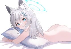  1girl animal_ear_fluff animal_ears ass bad_id bad_twitter_id blue_archive blue_eyes cross_hair_ornament extra_ears face_in_pillow goyain grey_hair hair_ornament halo highres hug looking_at_viewer lying medium_hair mismatched_pupils nude hugging_object on_stomach pillow pillow_hug shiroko_(blue_archive) simple_background solo white_background wolf_ears  rating:Questionable score:56 user:danbooru